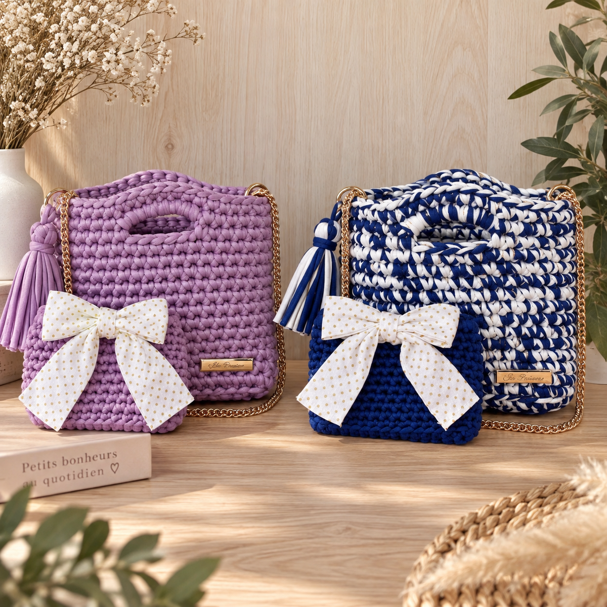 Sacs au crochet MILA faits main en coloris lavande et bleu blanc