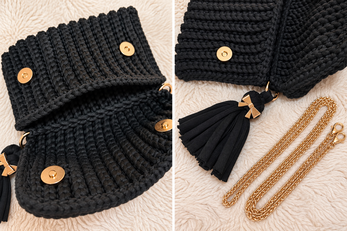 Détail du crochet et des fermetures et de la chaine dorée du sac NOÉLIA