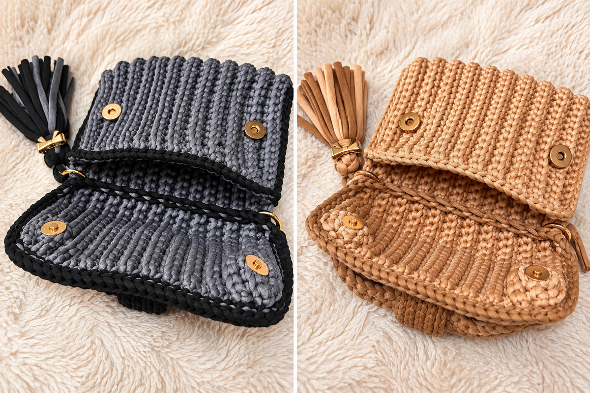 Sacs au crochet NOÉLIA bicolores gris et noir et sable et caramel ouverts